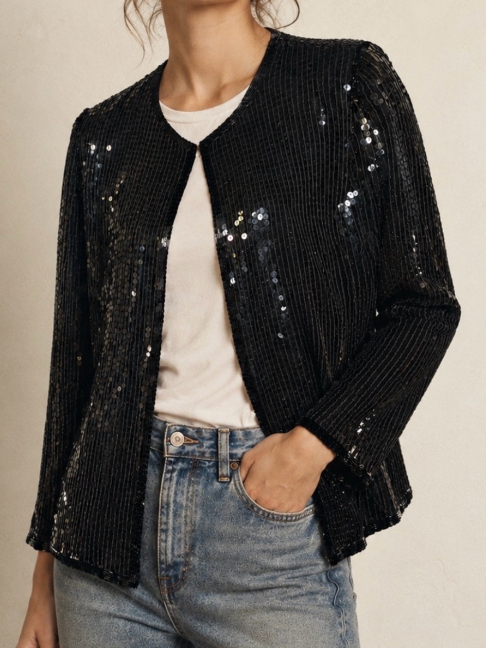 Stunning Stenay Silk and Sequin  Vintage Black Jacket - Excellent Quality - Sm